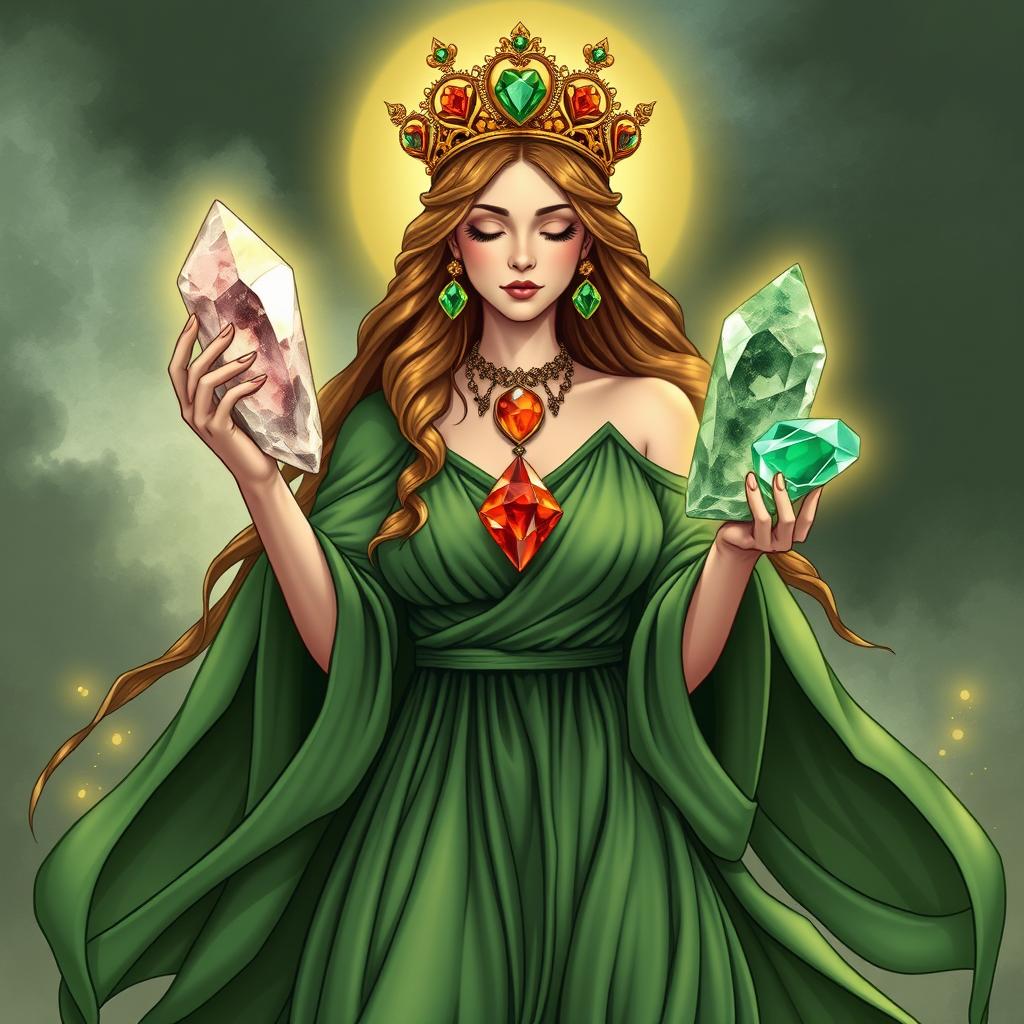 A mystical portrayal of The Empress, draped in a green flowing dress, embodying natural beauty and nurturing energy