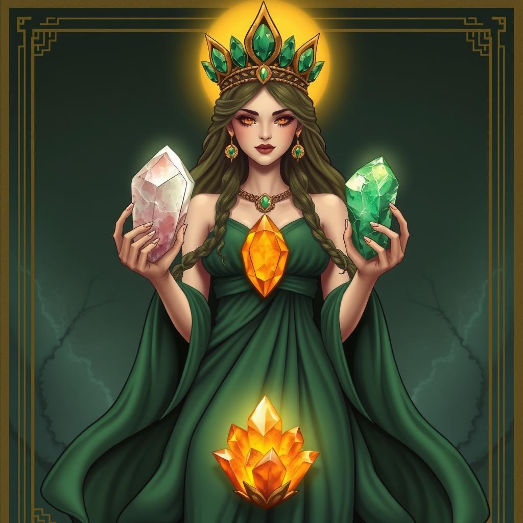 A mystical portrayal of The Empress, draped in a green flowing dress, embodying natural beauty and nurturing energy