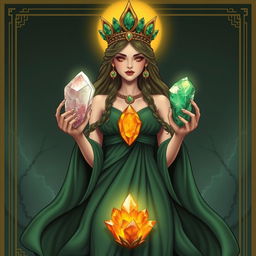 A mystical portrayal of The Empress, draped in a green flowing dress, embodying natural beauty and nurturing energy