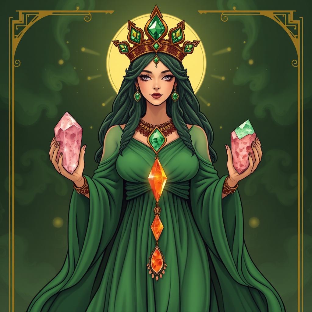 A mystical portrayal of The Empress goddess, draped in a green flowing dress, exuding elegance and divine presence