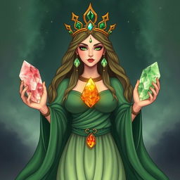 A mystical portrayal of The Empress goddess, draped in a green flowing dress, exuding elegance and divine presence