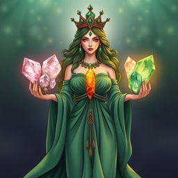 A mystical portrayal of The Empress goddess, draped in a green flowing dress, exuding elegance and divine presence