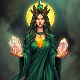 A mystical portrayal of The Empress goddess, draped in a green flowing dress, exuding elegance and divine presence