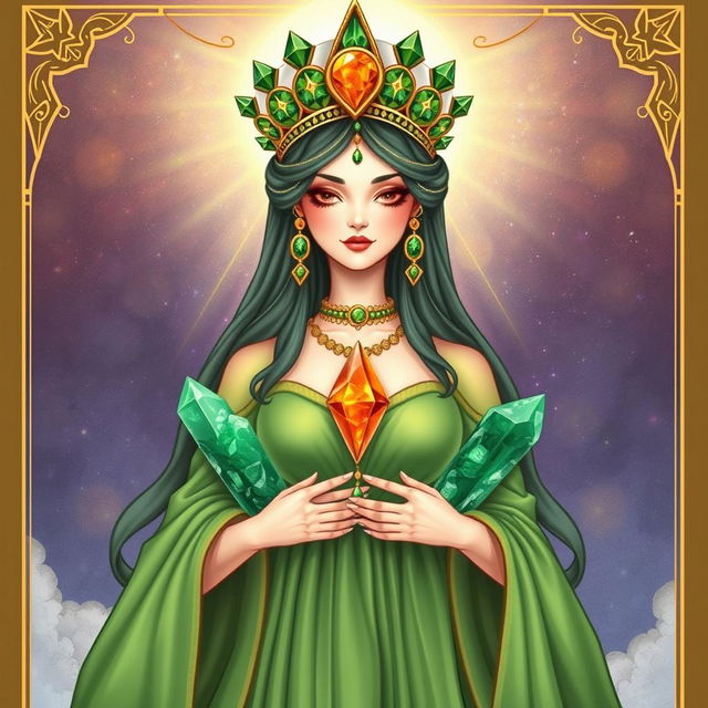 An enchanting portrayal of The Empress, adorned in a green flowing dress that symbolizes fertility and growth