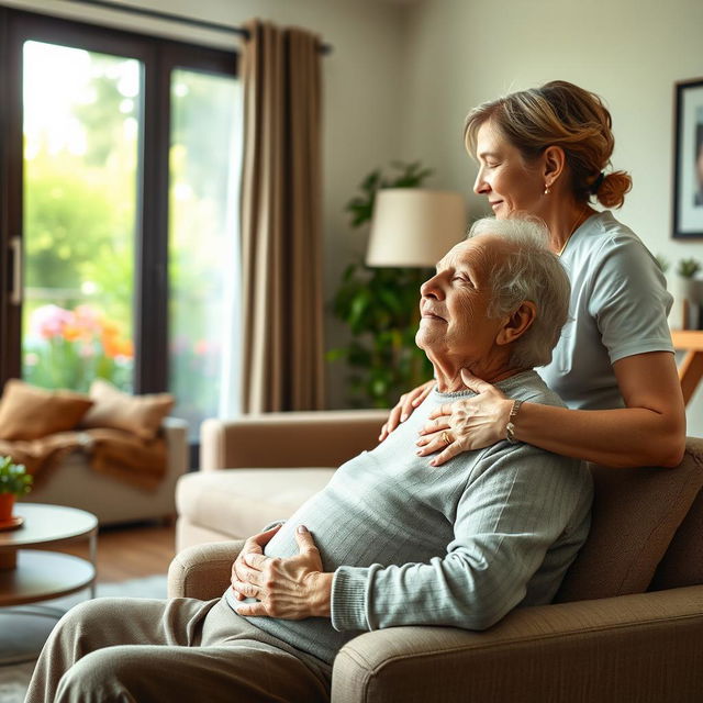 A realistic image of an elderly person sitting in a cozy living room, practicing deep breathing exercises with a calm expression