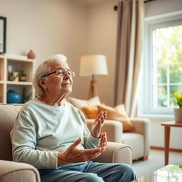 A realistic image of an elderly person sitting in a cozy living room, practicing deep breathing exercises with a calm expression