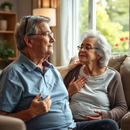 A realistic image of an elderly person sitting in a cozy living room, practicing deep breathing exercises with a calm expression