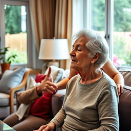 A realistic image of an elderly person sitting in a cozy living room, practicing deep breathing exercises with a calm expression