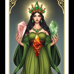 A captivating depiction of The Empress, wearing a flowing green dress that conveys her connection to the earth and natural abundance