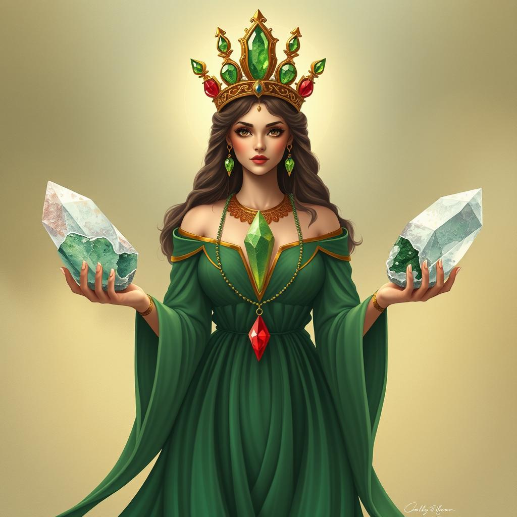 A captivating depiction of The Empress, wearing a flowing green dress that conveys her connection to the earth and natural abundance