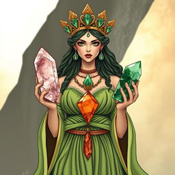 A captivating depiction of The Empress, wearing a flowing green dress that conveys her connection to the earth and natural abundance