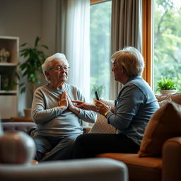 A realistic image of an elderly person sitting in a cozy living room, practicing deep breathing exercises with a calm expression