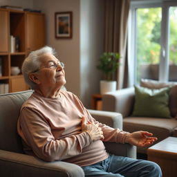 A realistic image of an elderly person sitting in a cozy living room, practicing deep breathing exercises with a calm expression