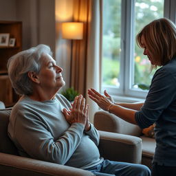 A realistic image of an elderly person sitting in a cozy living room, practicing deep breathing exercises with a calm expression