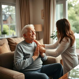 A realistic image of an elderly person sitting in a cozy living room, practicing deep breathing exercises with a calm expression