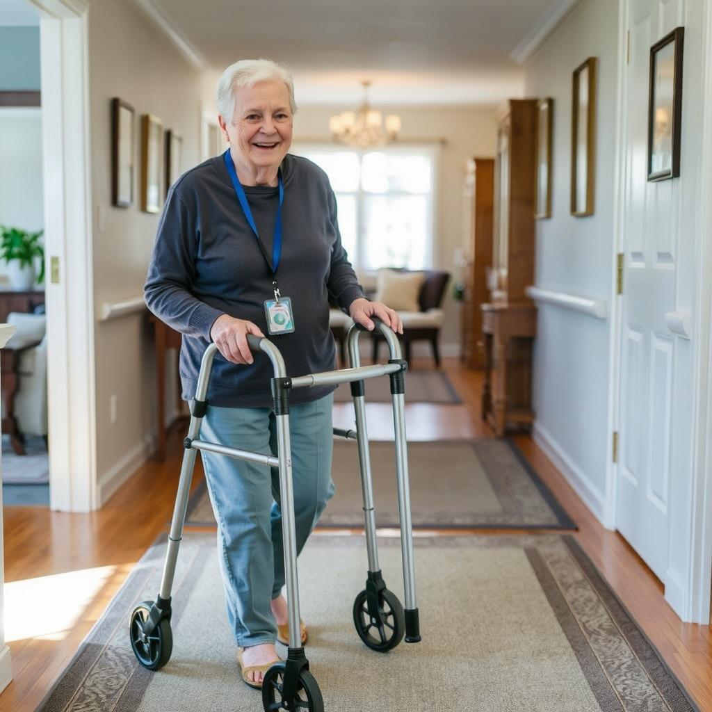 An elderly person using a walker confidently while navigating through a well-organized home environment