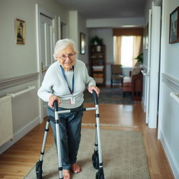 An elderly person using a walker confidently while navigating through a well-organized home environment