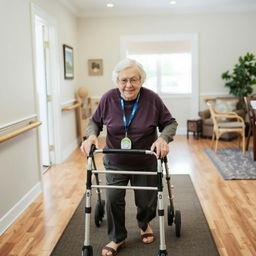 An elderly person using a walker confidently while navigating through a well-organized home environment