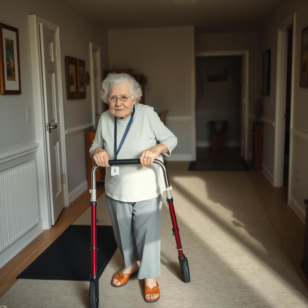 An elderly person using a walker confidently while navigating through a well-organized home environment