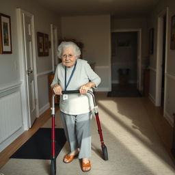 An elderly person using a walker confidently while navigating through a well-organized home environment