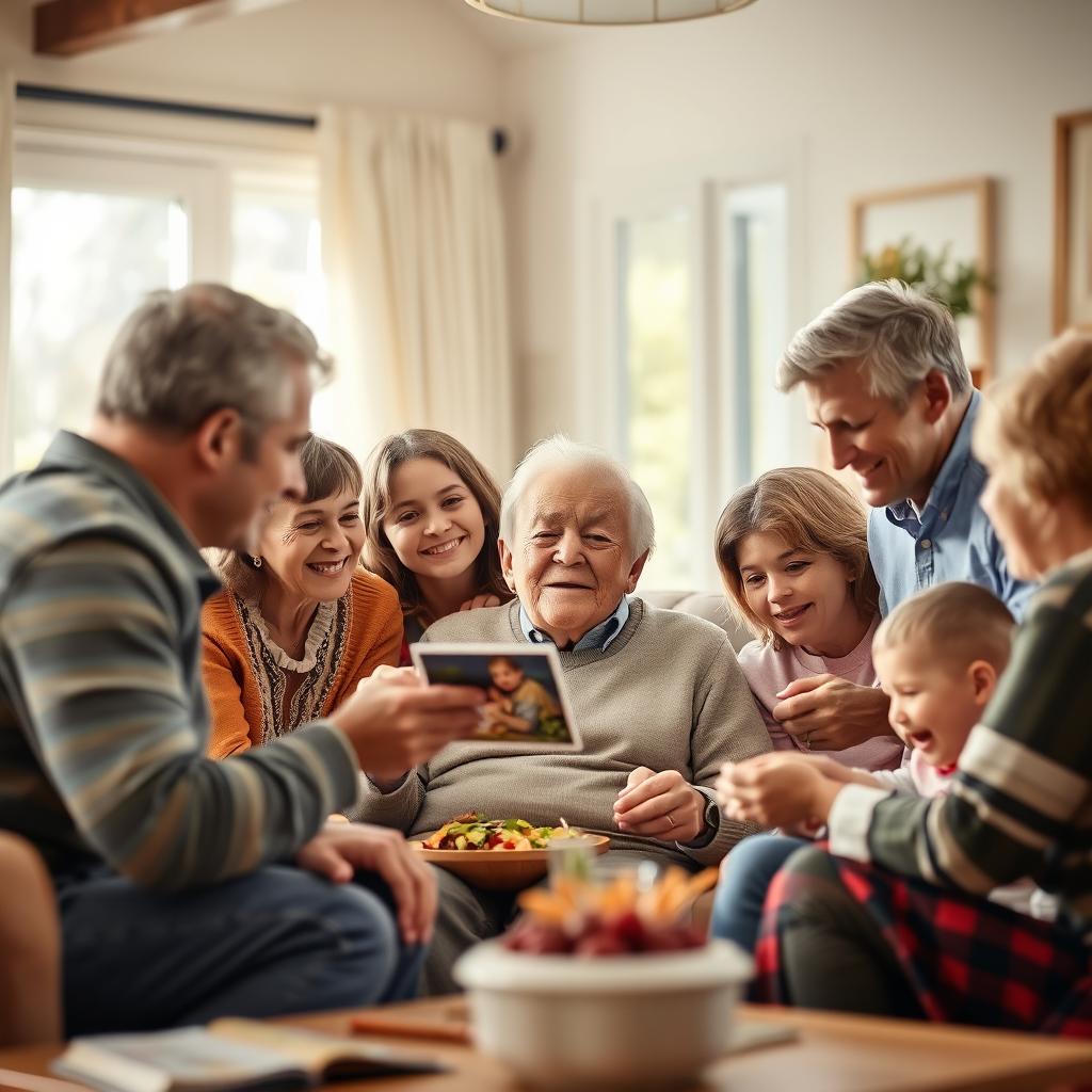 A warm, realistic scene showing an elderly person surrounded by family members of various ages in a living room