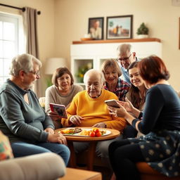 A warm, realistic scene showing an elderly person surrounded by family members of various ages in a living room