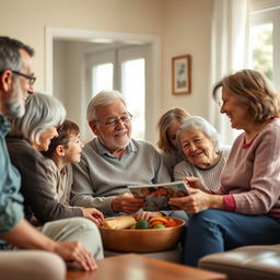 A warm, realistic scene showing an elderly person surrounded by family members of various ages in a living room