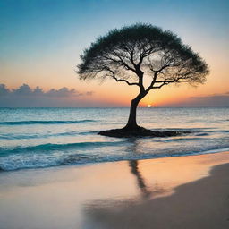 A breathtaking sunset over a tranquil turquoise ocean, with a silhouetted lone tree on a sandy beach