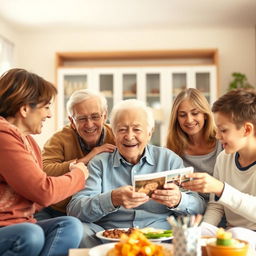 A warm, realistic scene showing an elderly person surrounded by family members of various ages in a living room