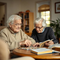 An elderly individual participating in a stimulating cognitive activity like a puzzle, board game, or reading a book in a quiet, well-lit room