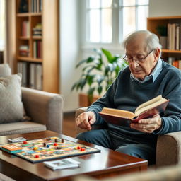 An elderly individual participating in a stimulating cognitive activity like a puzzle, board game, or reading a book in a quiet, well-lit room