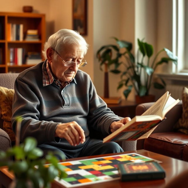 An elderly individual participating in a stimulating cognitive activity like a puzzle, board game, or reading a book in a quiet, well-lit room