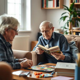 An elderly individual participating in a stimulating cognitive activity like a puzzle, board game, or reading a book in a quiet, well-lit room