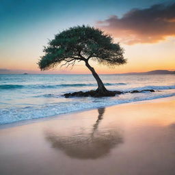 A breathtaking sunset over a tranquil turquoise ocean, with a silhouetted lone tree on a sandy beach