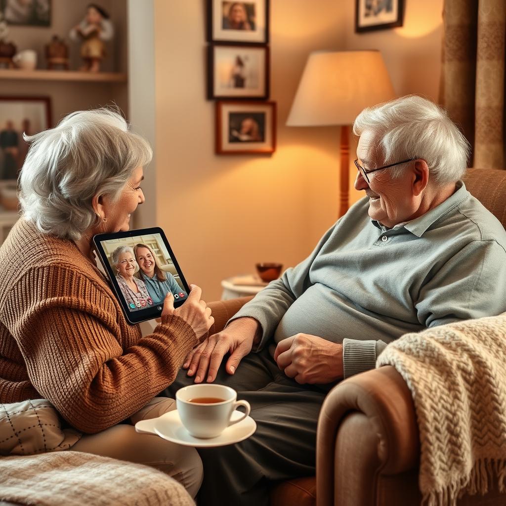 A realistic image of an elderly person sitting in a cozy corner of their home, receiving emotional support through a video call on a tablet with a smiling family member or friend on the screen