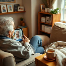 A realistic image of an elderly person sitting in a cozy corner of their home, receiving emotional support through a video call on a tablet with a smiling family member or friend on the screen