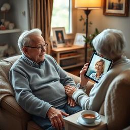 A realistic image of an elderly person sitting in a cozy corner of their home, receiving emotional support through a video call on a tablet with a smiling family member or friend on the screen