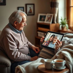 A realistic image of an elderly person sitting in a cozy corner of their home, receiving emotional support through a video call on a tablet with a smiling family member or friend on the screen