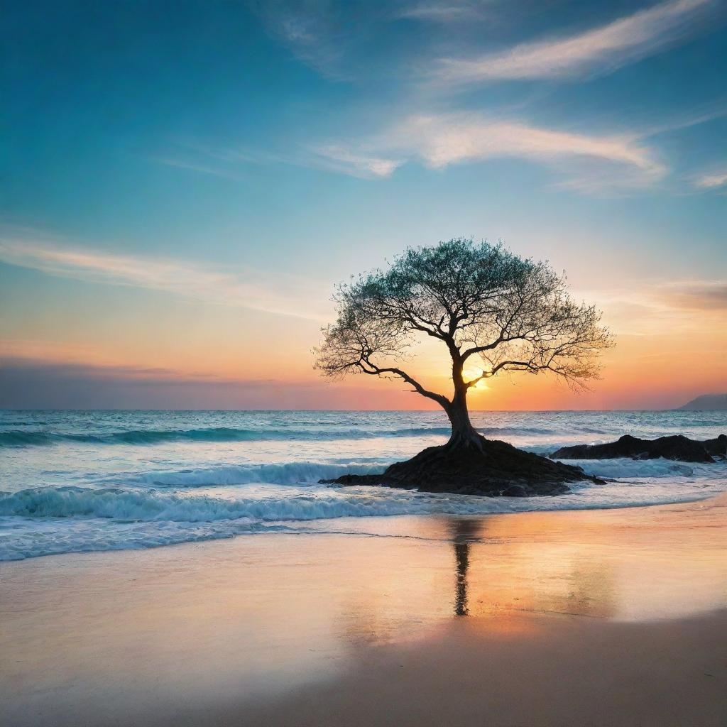 A breathtaking sunset over a tranquil turquoise ocean, with a silhouetted lone tree on a sandy beach