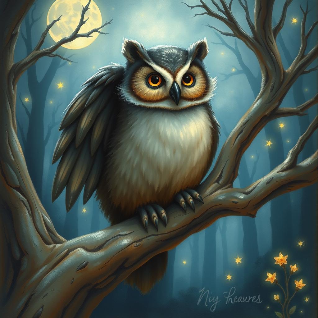 A whimsical painting of a hibours, a creature that is a hybrid between an owl and a bear, perched on a mystical tree branch