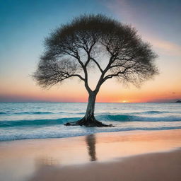 A breathtaking sunset over a tranquil turquoise ocean, with a silhouetted lone tree on a sandy beach