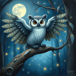 A whimsical painting of a hibours, a creature that is a hybrid between an owl and a bear, perched on a mystical tree branch