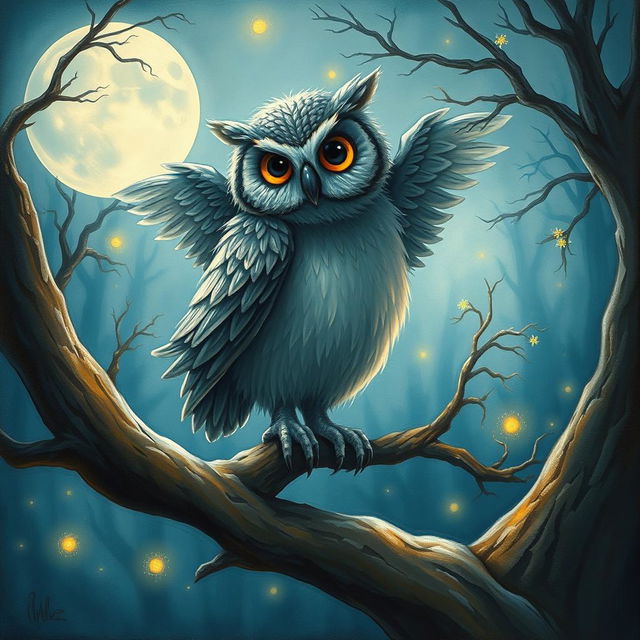 A whimsical painting of a hibours, a creature that is a hybrid between an owl and a bear, perched on a mystical tree branch