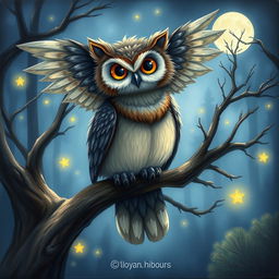 A whimsical painting of a hibours, a creature that is a hybrid between an owl and a bear, perched on a mystical tree branch