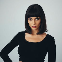 A portrait of a stylish woman with mid-length dark hair, intense eyes, and a confident expression