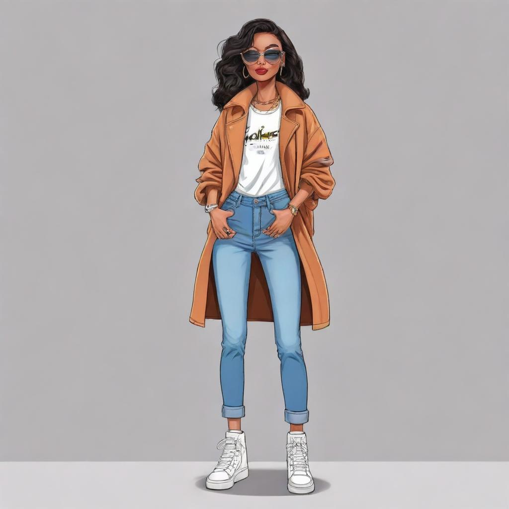 A cartoon illustration of a chic fashion model named Machica wearing trendy street style clothes