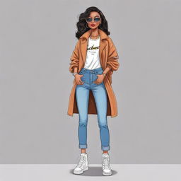 A cartoon illustration of a chic fashion model named Machica wearing trendy street style clothes