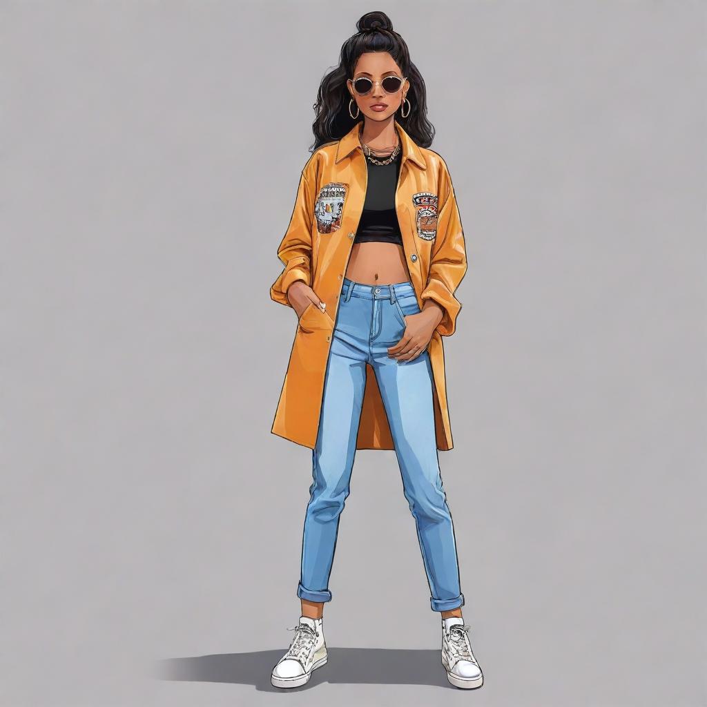 A cartoon illustration of a chic fashion model named Machica wearing trendy street style clothes