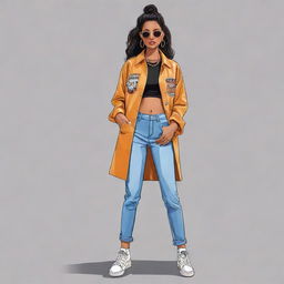 A cartoon illustration of a chic fashion model named Machica wearing trendy street style clothes