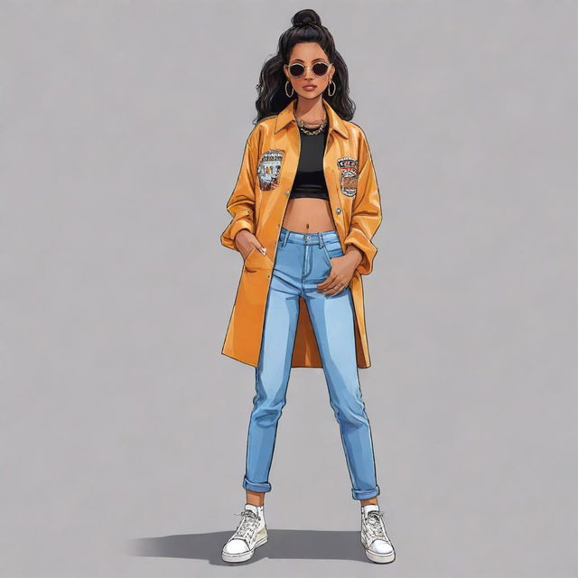 A cartoon illustration of a chic fashion model named Machica wearing trendy street style clothes